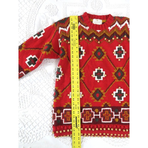 Vintage 90s Rosanna Medium Hand Knit Aztec Southwestern Beaded Tunic Sweater - Picture 3 of 7